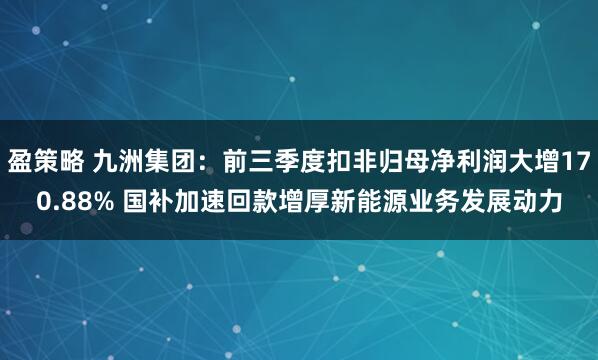 盈策略 九洲集团：前三季度扣非归母净利润大增170.88% 国补加速回款增厚新能源业务发展动力